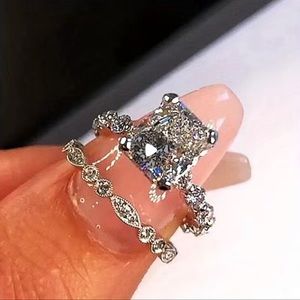 2 Piece Delicate Cubic Zirconia and Silver Square Cut Ring Set